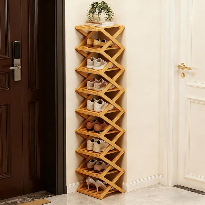 The 9-Tier No-Assembly Bamboo Rack, 2026 Upgraded Foldable Bamboo Shoe Rack, Space-Saving Organizer for Shoes, No Assembly Narrow Shoe Shelf for Entryway Closet Dorm (Nature,9-Tier)