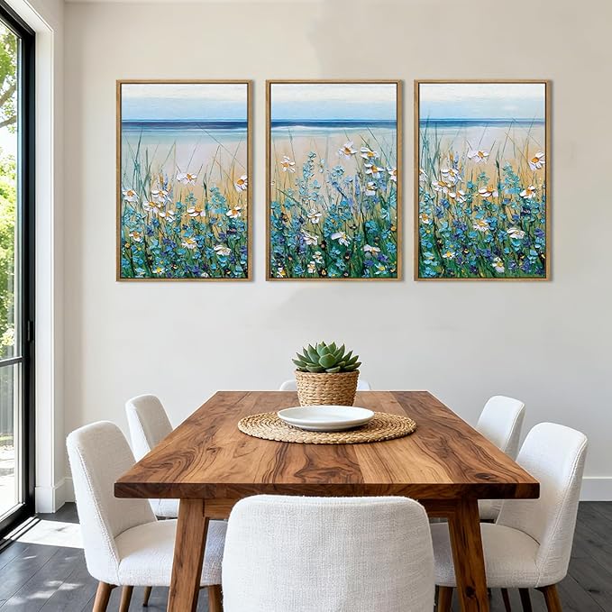 Blue Seaside Cyan Floral Wall Decor Wildflower Canvas Paintings Framed Floral Art Prints Blue Flowers Wall Art Wildflowers Wall Pictures for Living Room Bedroom Bathroom 16x24 Inch Set of 3