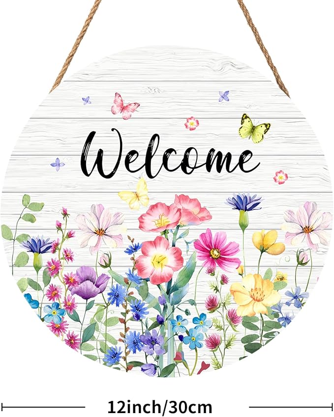 Summer Wildflowers Welcome Sign for Front Door Spring Summer Decorations Welcome Door Hanger Sign Floral Butterfly Wooden Wreath Seasonal Farmhouse Wreaths for Wall Front Door Porch 12"x12"