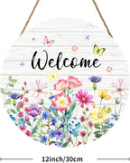 Summer Wildflowers Welcome Sign for Front Door Spring Summer Decorations Welcome Door Hanger Sign Floral Butterfly Wooden Wreath Seasonal Farmhouse Wreaths for Wall Front Door Porch 12"x12"