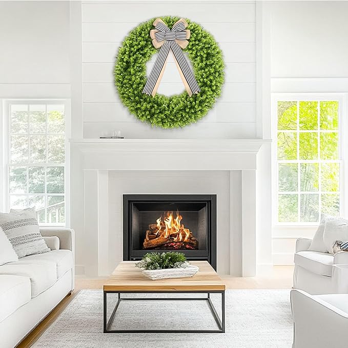 32'' Boxwood Wreath Artificial Spring Summer Wreath All Year Round, Foldable Faux Large Boxwood Wreaths for Front Door Farmhouse Wedding Indoor Outdoor(with Bow)