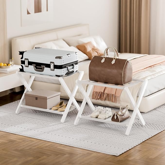 HITNET White Luggage Rack, Folding Suitcase Stand, Bamboo Luggage Holder with Storage for Guest Room Bedroom Hotel