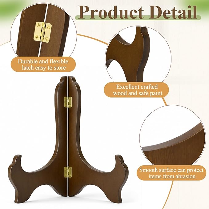Tatuo 2 Packs Wooden Plate Stands for Display, Plate Holder Display Stand, Picture Frame Stand Easels, Tabletop Art Holder, Book Dish Decorative (8 Inch,Brown)