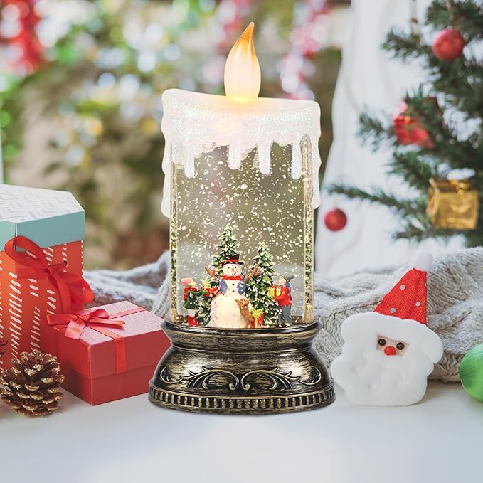 GenSwin Christmas Snow Globe Candle, Swirling Glittering Candle with Timer, Music, Snowman and Kids Scene, Winter Snow Shaped Lantern, USB/Battery Operated Candles for Christmas Decor