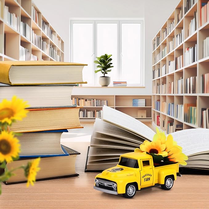 Sunflower Metal Truck with Flowers Farm Truck Decor Vintage Farm Farmhouse Table Tiered Tray Decor Home Kitchen Mantel Shelf Bookshelf Mini Truck Decorations