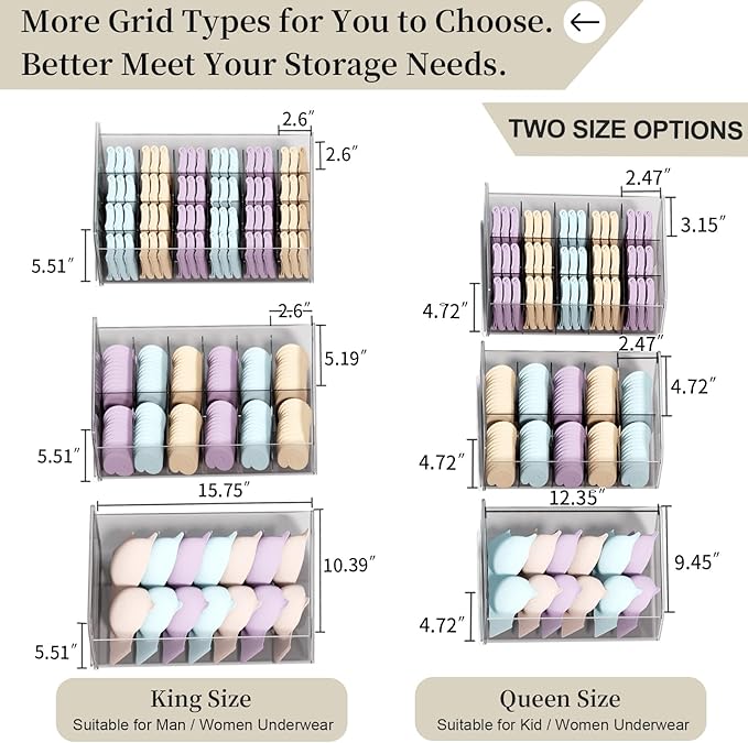 Underwear Organizer Drawer, 24 Cells Plastic Sock Underwear Storage Drawer, Stackable Closet Organizers and Storage Box for Bras, Socks, Scarves, Ties, Belt (King Size-White, 1 Pcs)