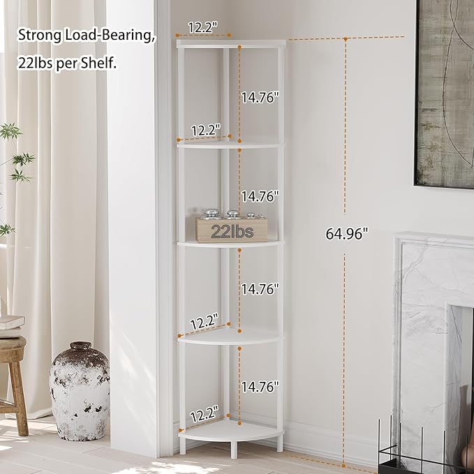 SUNMORY 5 Tier Corner Shelf Stand, Industrial 65" Corner Shelves Display Shelf for Living Room Decor, Wall Corner Bookshelf Multi Unit Organizer, Tall Shelf Plant Stand for Bedroom, Bathroom, White