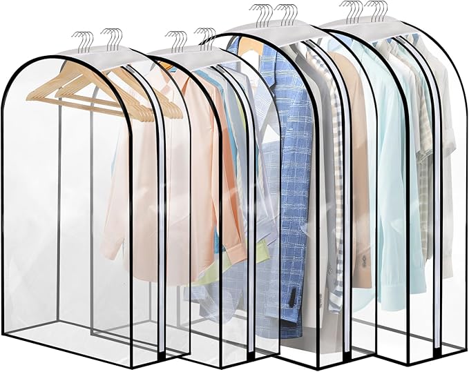 4 Pack Full Clear Garment Bags with Side Zipper, 40&50" Clothes Covers with 10" Gusset, Transparent Hanging Suit & Coat Covers for Closet Storage, Jackets, Dresses, Windbreakers