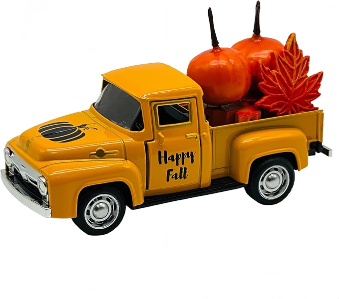 4.9″ Mini Fall Vintage Metal Pumpkin Truck Decor with Pumpkins and Maple Leaves - Fall Rustic Farmhouse Style Table Centerpiece, Thanksgiving & Autumn Havest Tiered Tray Decoration for Home Kitchen