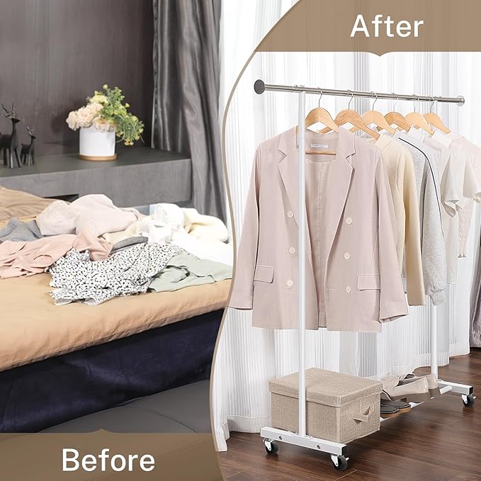 Clothes Rack, 130LB Capacity Heavy Duty Clothing Rack with Wheels and Bottom Shelf, 52.17 Inch Rolling Racks for Hanging Clothes, Coats, Shirts, Sweaters, Skirts, Dress, White