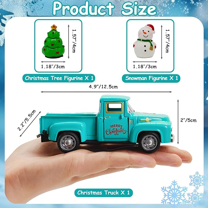 Vintage Blue Christmas Truck Decor – 4.9″Retro Die-Cast Metal Pickup with Snowman and Christmas Tree Figurines for Xmas Town Village Accessories Set Display Home indoor Decoration Gift(Xmas-Blue)