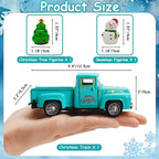 Vintage Blue Christmas Truck Decor – 4.9″Retro Die-Cast Metal Pickup with Snowman and Christmas Tree Figurines for Xmas Town Village Accessories Set Display Home indoor Decoration Gift(Xmas-Blue)