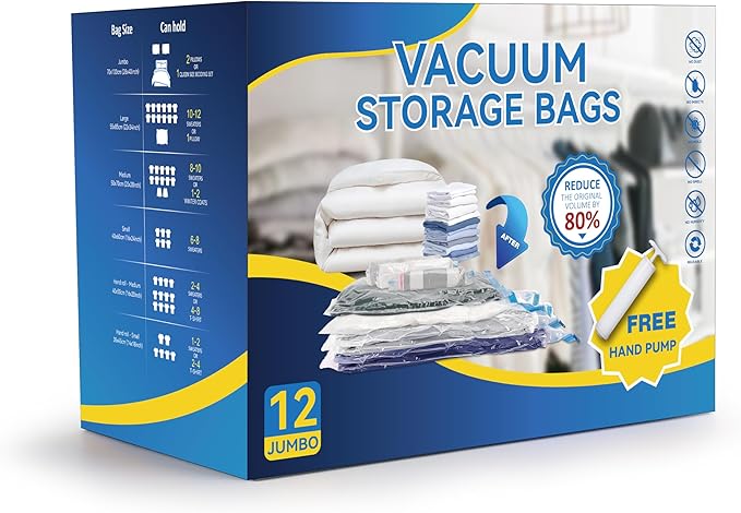12 Jumbo Compression Storage Bags, Vacuum Storage Bags, Space Saver Bags for Comforters, Blankets, Bedding, Pillows and Clothes Storage, Hand Pump Included