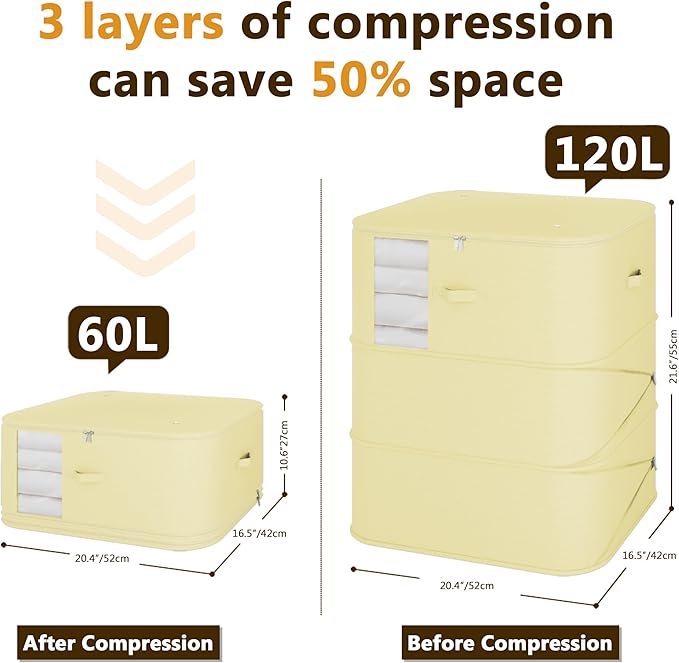 3-Layer Compressible with Zippers Blanket & Comforter Storage Bag,Ultra Space Saving Self Compression Organizer，Save 50% Space, 4 PCS，Light Yellow