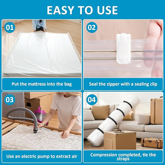 Mattress Vacuum Bag for Queen and Full Size, 78.7x98.4in Space Saver Mattress Vacuum Seal Bag with 4 Straps Dual-Zip Seal Mattress Compression Bag for Memory Foam Mattress Moving Transport Storage