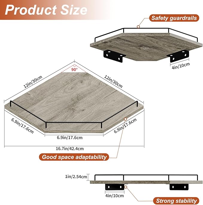 JJL Corner Shelf Wall Mounted, 12 Inches 2-Tier Floating Corner Shelf, Hexagon Rustic Wood Decor with Fence, Gray Wood Grain Wall Shelves for Apartment Bedroom Kitchen Bathroom