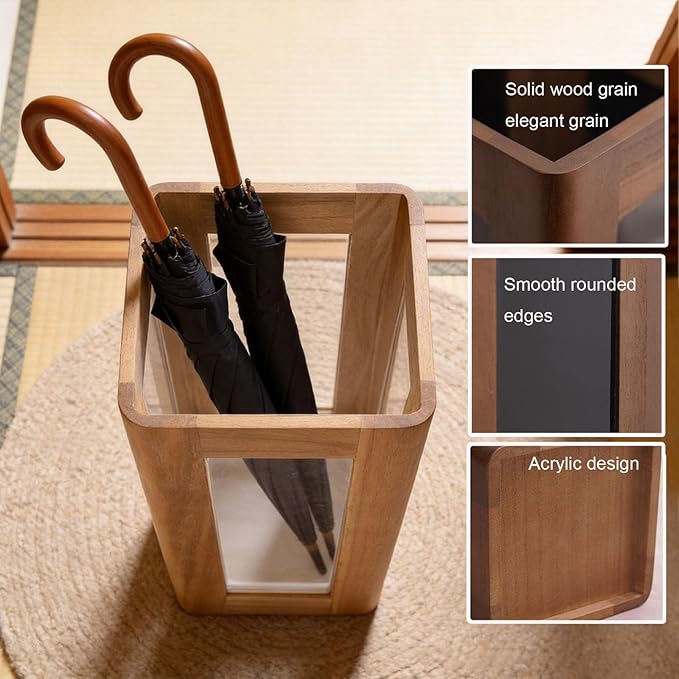 Umbrella Stand with Removable Plastic Drip Tray, Spacious Storage Bucket, for Home Entryway Decoration and Hotel Lobbies, Features a Solid Wood Umbrella Bucket, Acrylic Frame(Natural)
