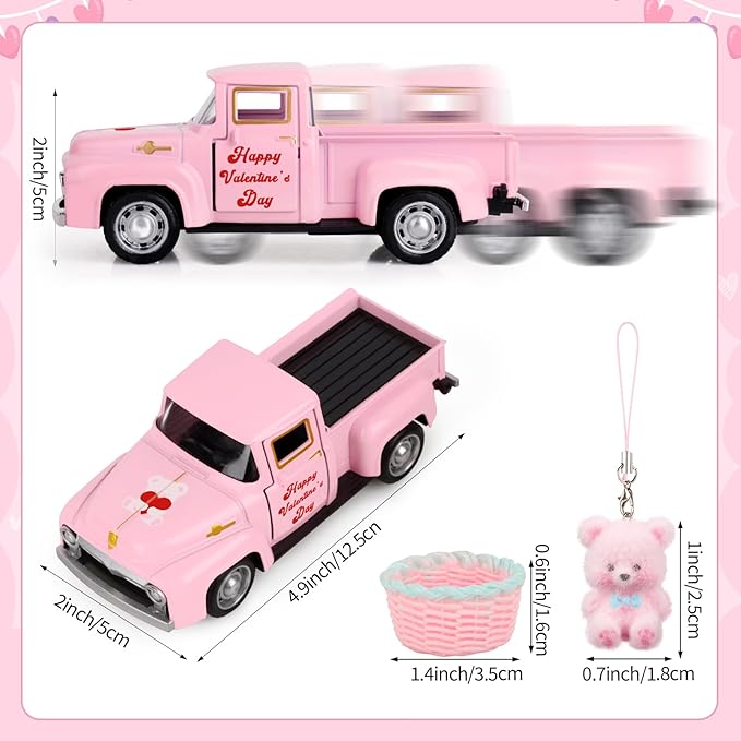Hxezoc Pink Truck Decor Vintage Metal Truck with Pink Flower Basket Ornament Valentine's Day Farmhouse Tabletop Mantle Decoration for Home Kitchen Office Valentine's Day Theme Party Supplies