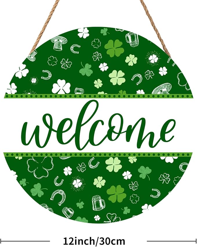 St Patricks Day Welcome Door Decoration for Home Welcome Shamrock Wreath Sign for Front Door St Patricks Day Outdoor Decorations Hanging Wooden Sign for Home Proch Spring Farmhouse 12x12 Inch