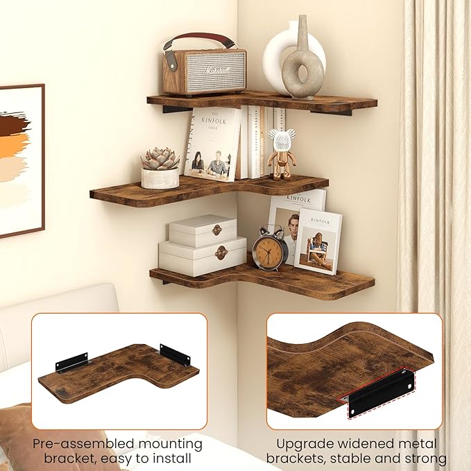 Homode Corner Floating Shelves, Corner Shelves Wall Mounted with Cord Hole, Set of 3 L Shape Wood Wall Storage Shelves for Living Room Bedroom Bathroom Kitchen, Rustic Brown