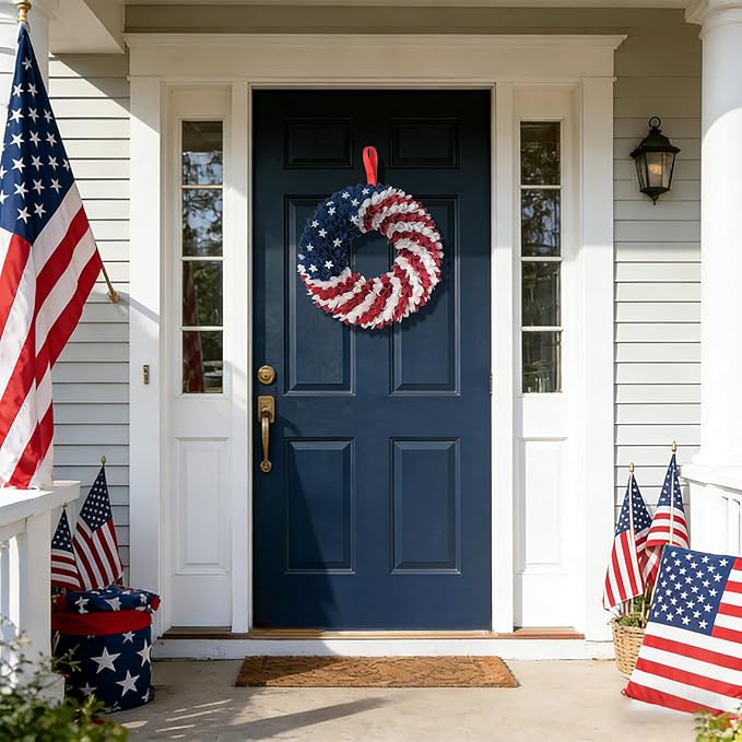 18 Inch Patriotic Red White Blue Wreath for Front Door, 4th of July Soft Touch Flower Wreath for Indoor Outdoor, Independence Day Memorial Day American Flag Wreaths