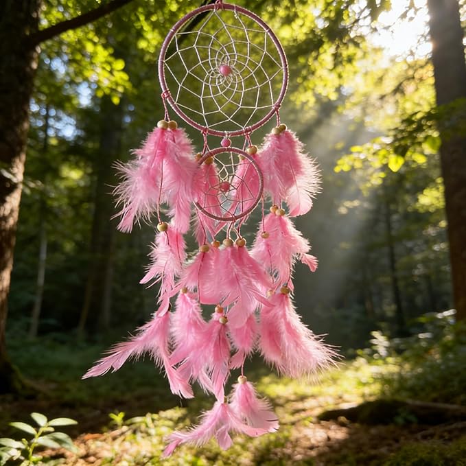 Pink Dream Catcher Wall Decor Handmade Feathers Dreamcatcher Wall Hanging Ornament Room Decor, Dream Catchers for Girls Kids Boys Bedroom Decor Art Craft Gift