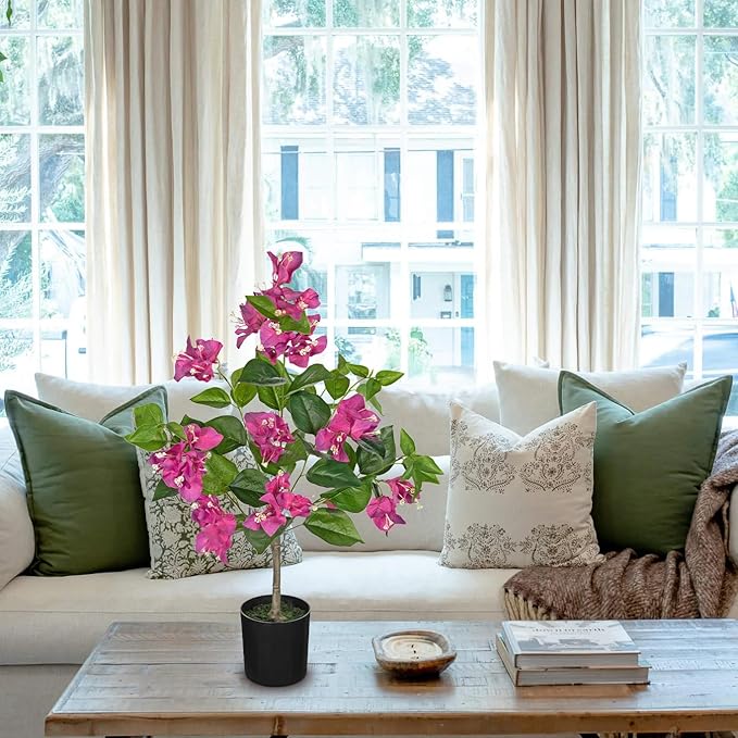 Fake Plants Bougainvillea Artificial Flowers, Fake Flowers Faux Trees Indoor 25.5", Artificial Bougainvillea Plants with Purple Faux Flower for Home, Living Room, Bedroom, Kitchen, Dining Room Decor