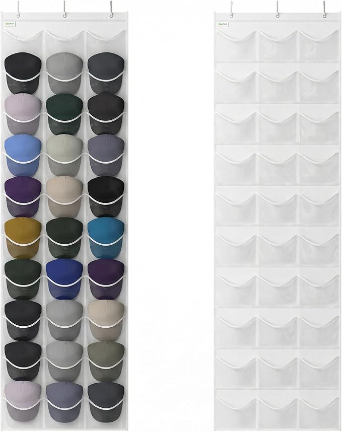 Unjumbly Baseball Hat Rack, 24 Pocket Over-The-Door Hat Organizer with Clear Deep Pockets to Display Baseball Caps Collection, Complete with 3 Over Door Hooks (White, 30 Pockets)