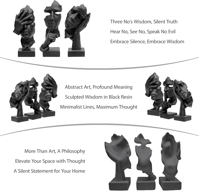 aboxoo Large Size 3 Pcs Thinker Statue, Silence is Gold, See No Evil Hear No Evil Speak No Evil Statues, Modern Resin Sculptures Decor for Living Room Home, Office, Study (Black)