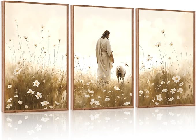 KAIRNE Jesus Wall Art Set of 3(24”X36”),Lost Sheep Wall Decor,Religious Scripture Art Print,Christian Bible Wall Paintings,White Floral Pictures for Church Bedroom Living Room Office Decoration,Framed