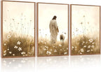 KAIRNE Jesus Wall Art Set of 3(24”X36”),Lost Sheep Wall Decor,Religious Scripture Art Print,Christian Bible Wall Paintings,White Floral Pictures for Church Bedroom Living Room Office Decoration,Framed