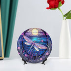 Decorative Plates for Home Decor, Bright Color Dragonfly Purple Stained Glass Print Decor Tray for Table Display, Ceramic Dinner Plate W/ Stand, Living Room Decor, Gifts for Dragonfly Lover, 6 Inch