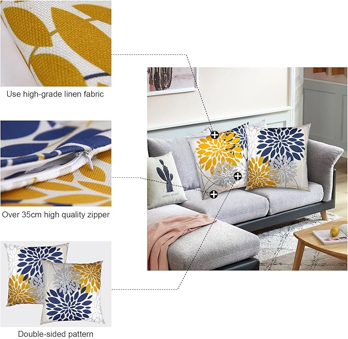 Flower Throw Pillow Covers 18x18 Set of 2, Flowers Pillow Cushion Cases, Modern Decorative Square Pillowcases for Sofa Couch Bedroom Living Room Car (18X18in Set of 2, Beige Flower) (2QE3005)