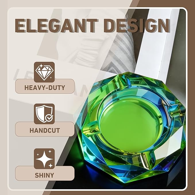 Coomin 5.9in Large Crystal Glass Ash Tray, Sparkly Cigarettes Cigar Ashtray, Ashtrays for Smokers Indoor Women Home Desktop Tabletop, Gifts for Men Women, Green