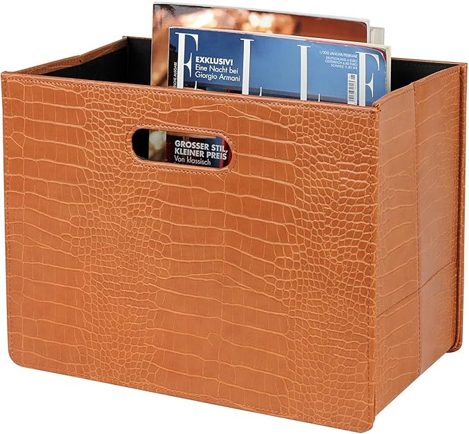 HofferRuffer Magazine Basket Holder, Foldable Magazine Rack, Document File Holder Organizer, File Folder, Newspaper Storage Bin Organizer for Home or Office (Brown Croco)