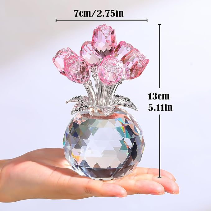 Arikyrist Crystal Pink Rose Bouquet Figurine with Round Vase, Glass Rose Flower Romantic Gifts for Her Mom on Anniversary, Collectible Decoration Table Centerpiece for Home