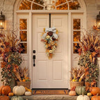 Valery Madelyn 24 inch Fall Pumpkin Teardrop Swag Autumn Harvest Door Hanger with Striped Bow, Mini Pumpkins, Eucalyptus, Raffia & Berry Sprays for Front Door, Mantel Thanksgiving Table Centerpiece