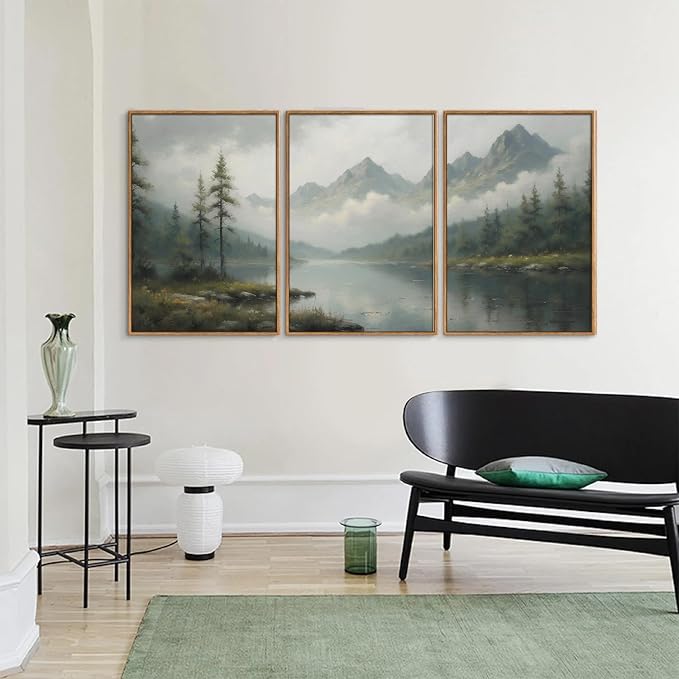SIGNINART Large Green Forest Framed Canvas Wall Art Set, Misty Mountain Lake Wall Decor, Modern Foggy Wood Landscape Artwork, Nature Oil Painting Art Print for Living Room, Bedroom, Office 24"x36"x3