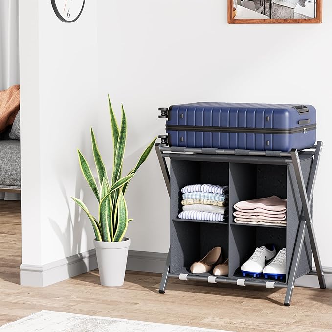 aboxoo 2 Pack Luggage Rack with storage, Guest Room Folding Suitcase Stands, Holds up to 120 lb, Space Saving Suitcase Holders for guest room, Bedroom Hotel, Grey