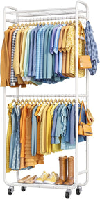 Clothes Rack - Rust-Proof Clothing Rack with Shelves, Hangers, Removable Hooks, Anti-Tip Wardrobe Closet with Lockable Wheels & Wall Anchor for Entryways, Bedroom, 33.0" x 12.6" x 78.7", White