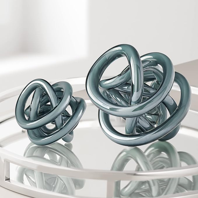 Torre & Tagus Orbit Hand Blown Glass Infinity Knot Sculpture - 4.5 Inch Glass Art Gray Knot Decor Ball for Home Decor, Small Centerpiece Table Decoration for Home Interior (Gray Opaque)