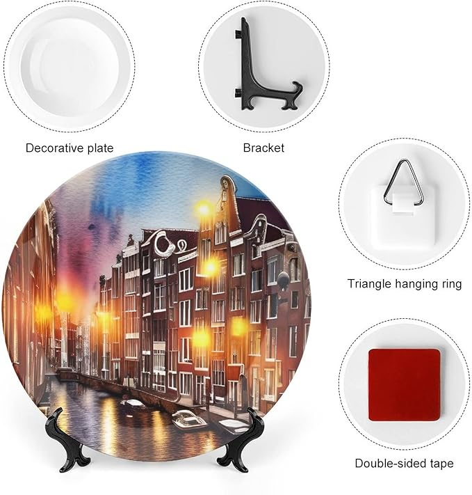 Decorative Plates for Wall Hanging, Grand Canal of Venice, Italy Colorful Painting Ceramic Plate, Wobble-Plate with Display Stand, Home Decor for Kitchen Cabinets, Farmhouse Round Tray 6 Inch