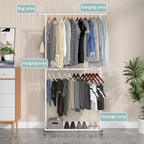 Sywhitta Double Rod Clothing Garment Rack, Rolling Clothes Organizer on Wheels for Hanging Clothes, Easy to Assemble, Adjustable, White