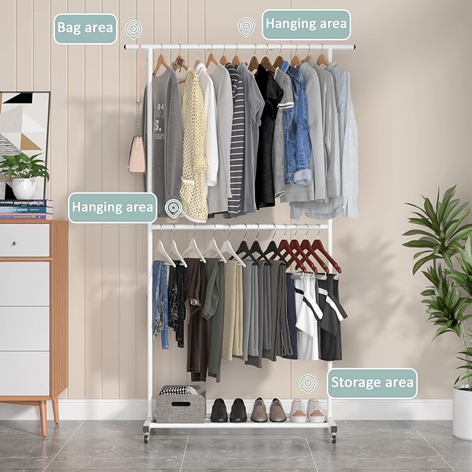 Sywhitta Double Rod Clothing Garment Rack, Rolling Clothes Organizer on Wheels for Hanging Clothes, Easy to Assemble, Adjustable, White