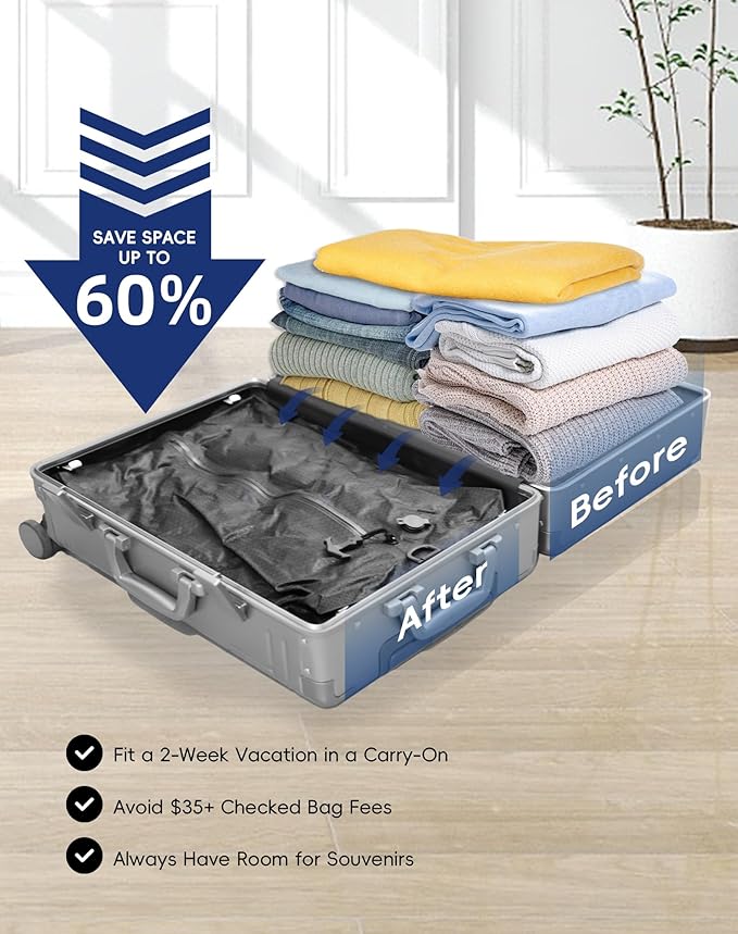 Travel Vacuum Bags with Wireless Pump, Reusable Vacuum Compression Bags for Suitcase, Space Saver for Luggage, Airtight & Waterproof, Perfect for Frequent Travelers & Business Trips (2-Pack)