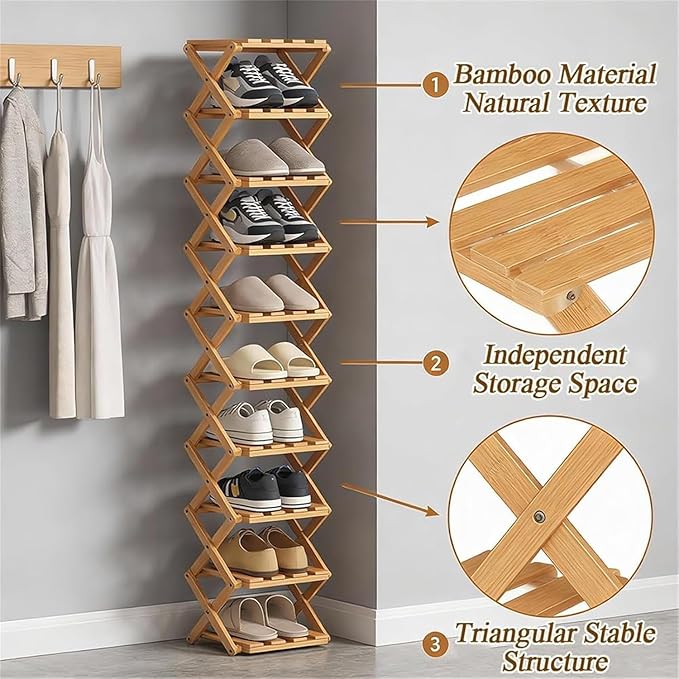 The 5-Tier No-Assembly Bamboo Rack, Bamboo Shoe Rack, Foldable Shoe Rack, Space Saving Collapsible Shelves for Entryway, Closet, Bathroom, Bamboo Shoe Rack, Foldable Shoe Rack (Wood, 5Tier)