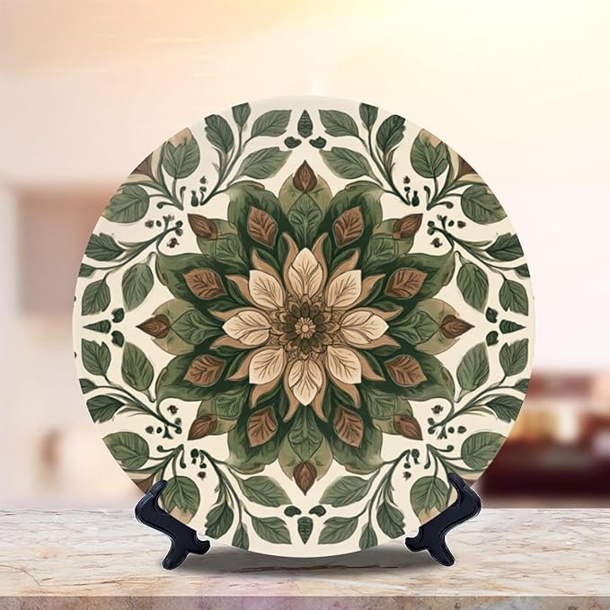 Decorative Plates for Display 10" Earthy Toned Floral Mandala Green Brown Leaves Ceramic Ornament with Display Stand and Hook Up for Wall Decor Hanging Festival Wedding Gift