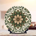 Decorative Plates for Display 8" Earthy Toned Floral Mandala Green Brown Leaves Ceramic Ornament with Display Stand and Hook Up for Wall Decor Hanging Festival Wedding Gift