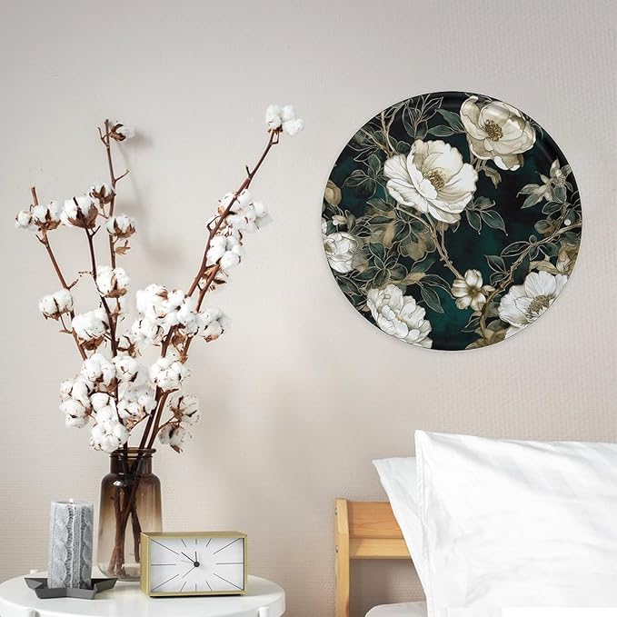 Wall Picture, with White Flowers Printed Circular Iron Hanging Picture,Wall Art Decor,Home for Bedroom Living Room Bathroom Decor,Iron Painting 11.8X11.8 in