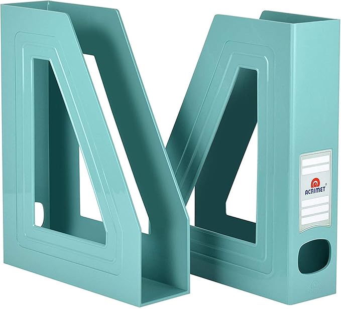 Acrimet Magazine File Holder Bin Storage, Vertical Rack for Documents, Folders and Mail, Durable Plastic Desk Organizer for Office & Home (Solid Green Color) (2 Pack)